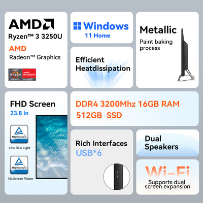 AOC All-in-one Computer 23.8-inch AMD 3250U 16G 512G Gaming Desktop