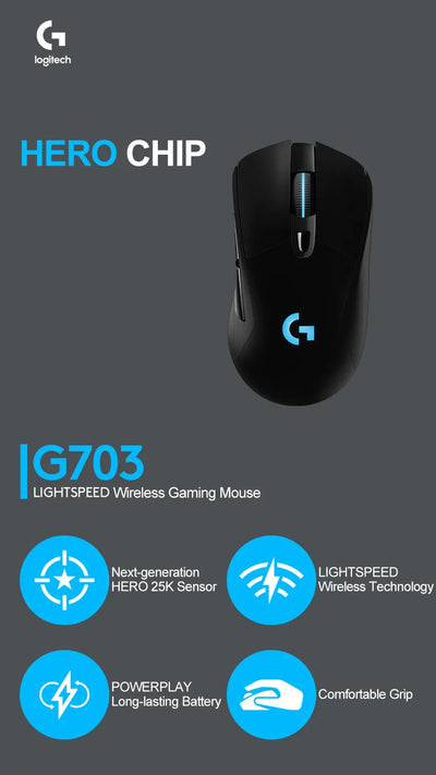 Logitech G703 LIGHTSPEED HERO Sensor E-sports Gaming Mouse 25600DPI Rechargeable Ergonomic 2.4G Wireless Mice RGB Backlight 1ms