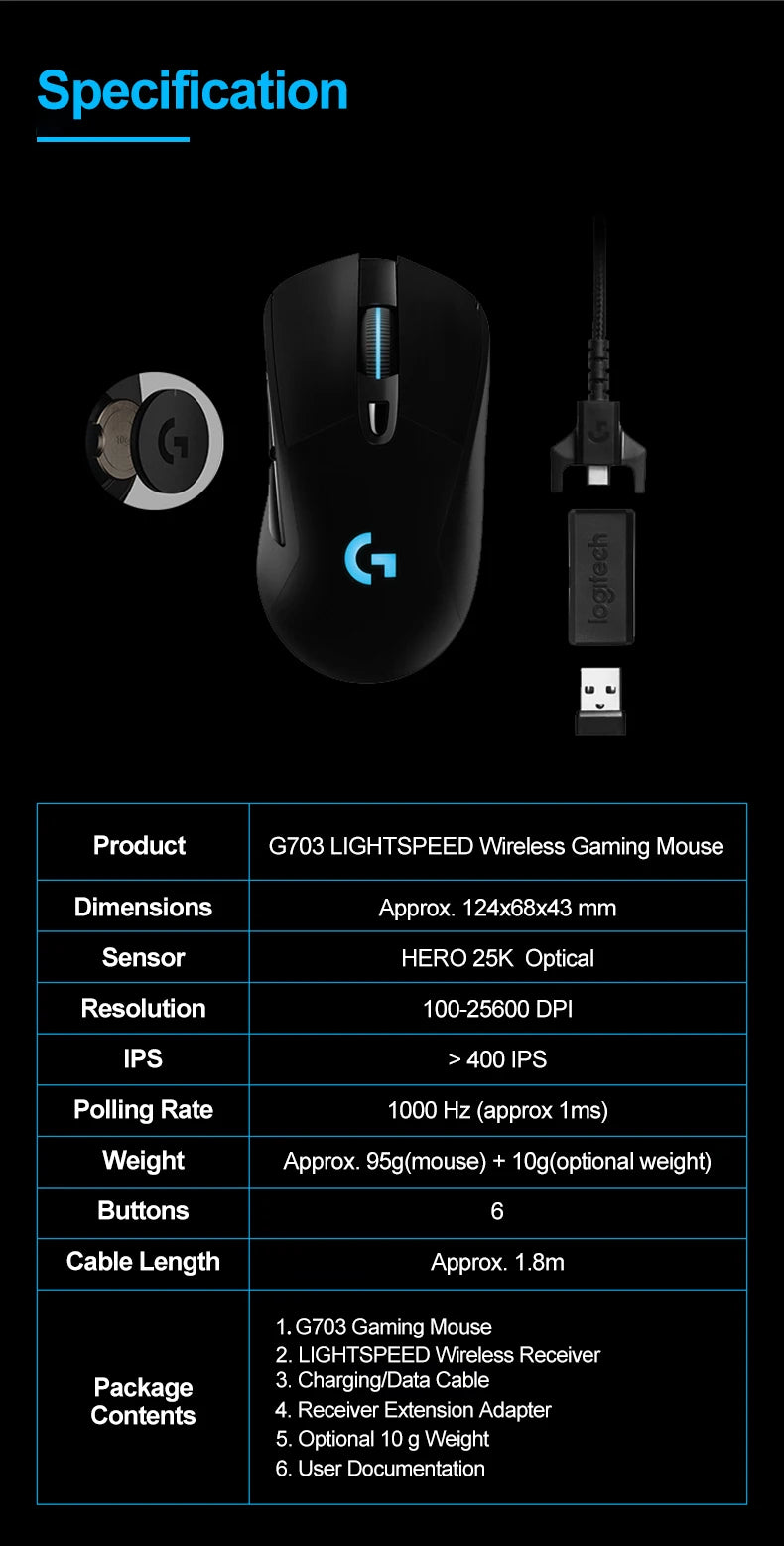 Logitech G703 LIGHTSPEED HERO Sensor E-sports Gaming Mouse 25600DPI Rechargeable Ergonomic 2.4G Wireless Mice RGB Backlight 1ms