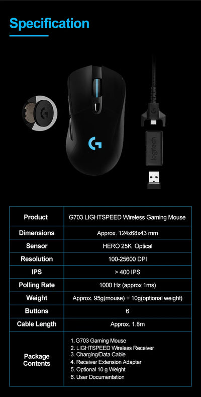 Logitech G703 LIGHTSPEED HERO Sensor E-sports Gaming Mouse 25600DPI Rechargeable Ergonomic 2.4G Wireless Mice RGB Backlight 1ms