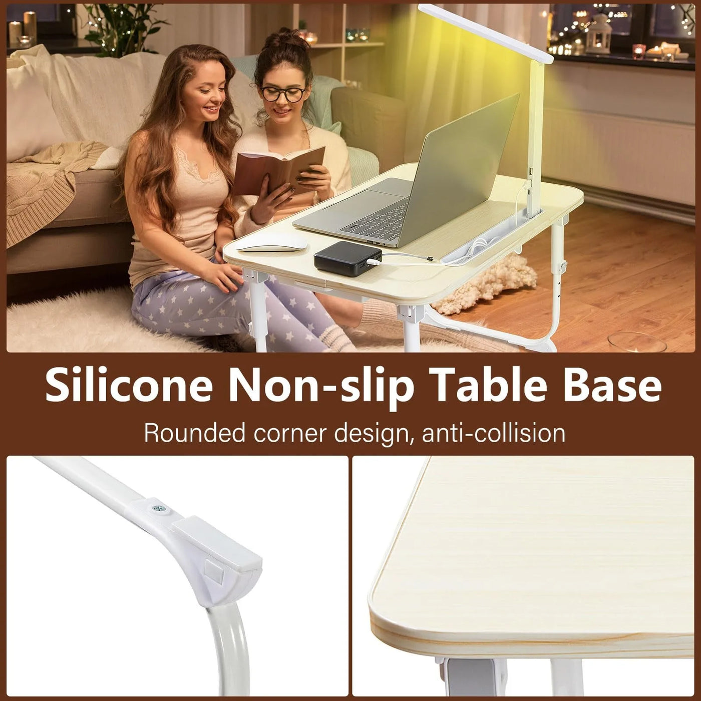 Laptop Desk for Bed Lap Desk with LED Desk Light, Adjustable Tablet Bed Table with Foldable Legs Storage Drawer, Breakfast Servi