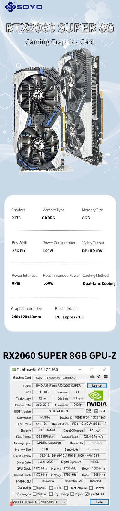 SOYO World Premiere Nvidia Geforce RTX 2060 SUPER GDDR6 8G Graphics Card 256Bit White Video Gaming Card Full New GPU RGB Card