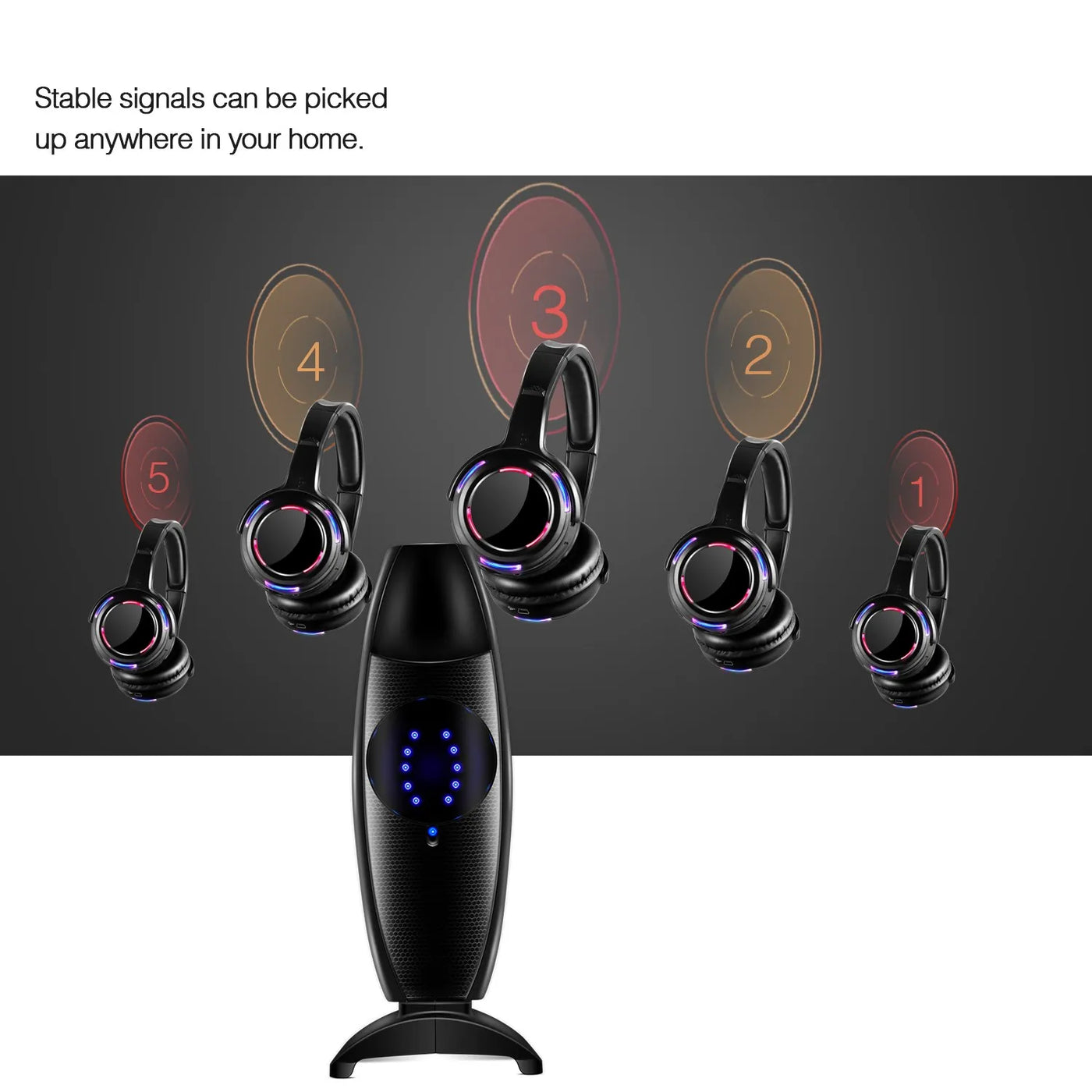 Silent Disco Headphones Compete System 200m Led Wireless Earphones 5 Headset + 200m Transmitter HD Sound No Lag for TV Watching