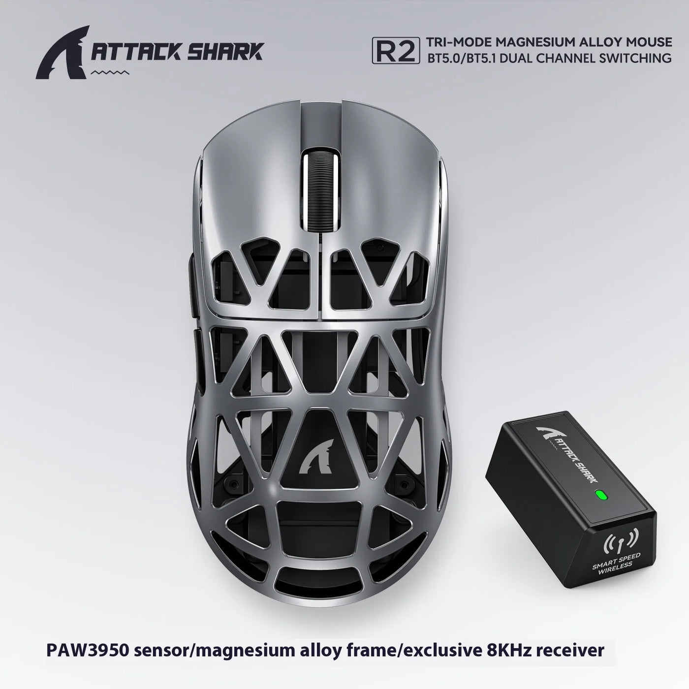 ATTACK SHARK  R2 Magnesium Alloy Wireless Mouse PAW3950 Lightweight Gaming Esports Bluetooth Three-Mode 8k Gaming Office Mouse