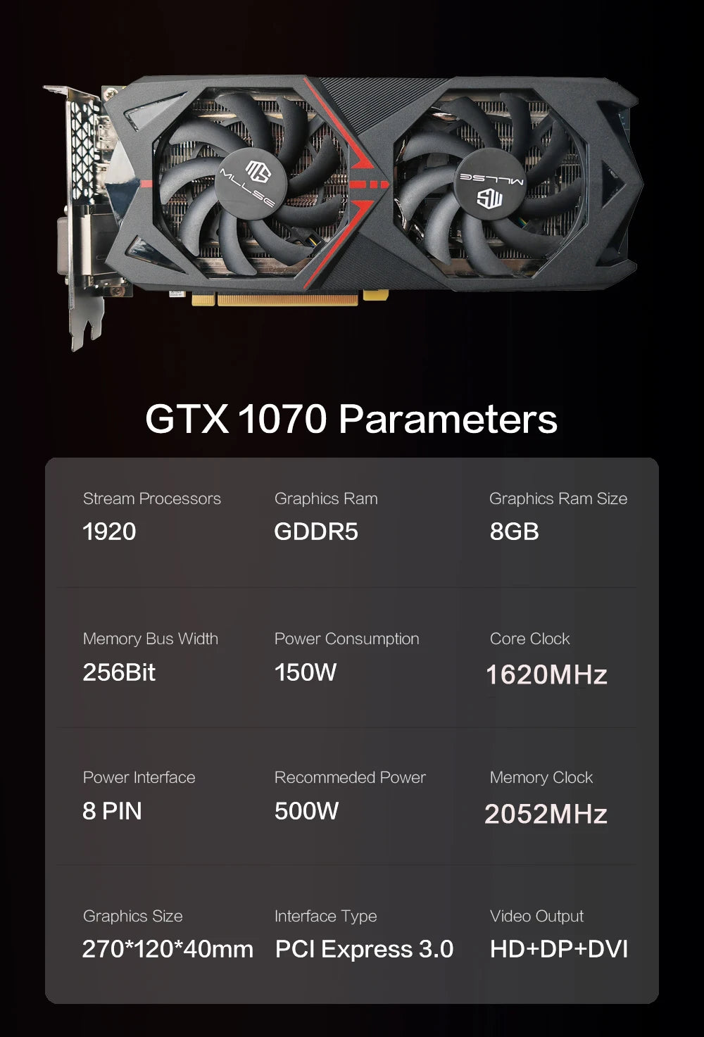 MLLSE Geforce GTX 1070 8GB Graphics Card GDDR5 256Bit PCI-E 3.0×16 8Pin Radeon GPU GTX 1070 Gaming Video Card Placa De Video