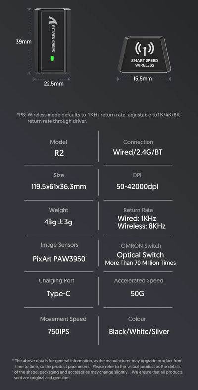 ATTACK SHARK  R2 Magnesium Alloy Wireless Mouse PAW3950 Lightweight Gaming Esports Bluetooth Three-Mode 8k Gaming Office Mouse