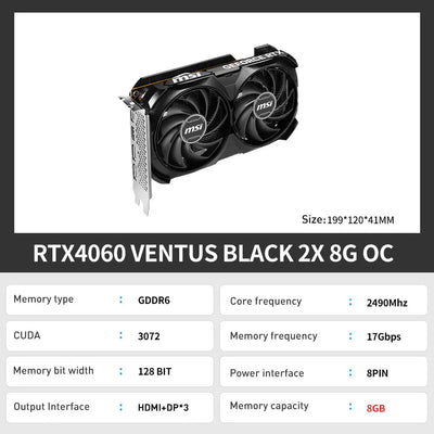 MSI RTX4060 VENTUS 2X BLACK 8G OC Gaming New Graphic Card GDDR6 rtx 4060 8G Gaming Video Card 8Pin 128 Bit RTX4060 placa de víde