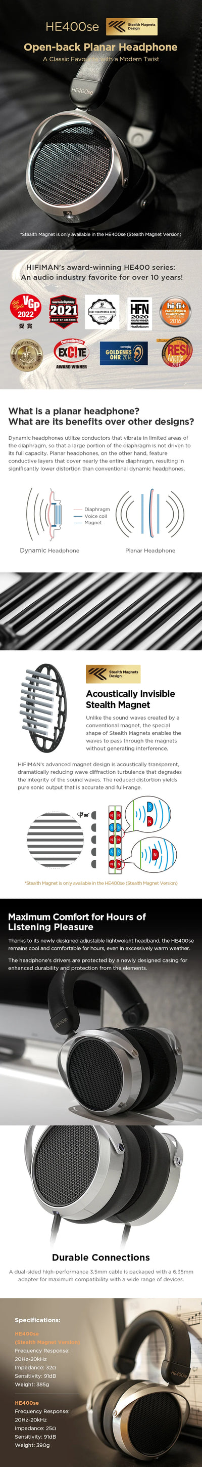 HIFIMAN HE400SE Stealth Magnets Over-Ear Open-Back Full-Size Planar Magnetic Wired Headphones