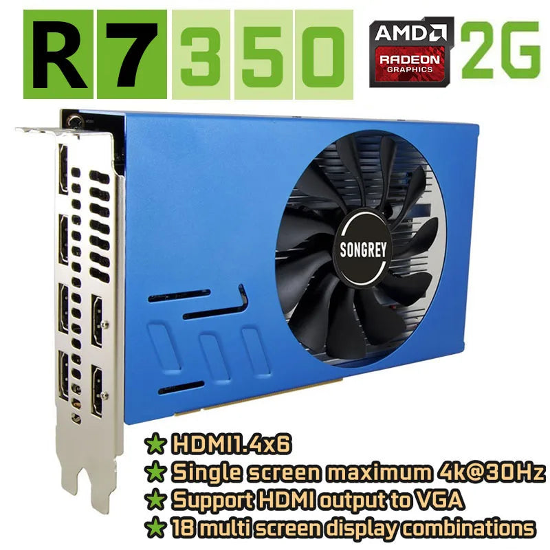 SONGREY Radeon R7 350 2GB GDDR5 128bit 6 HDMI Multi-Monitor Graphics Card for Stock Trading/Surveillance,4K PCI-E Video Card