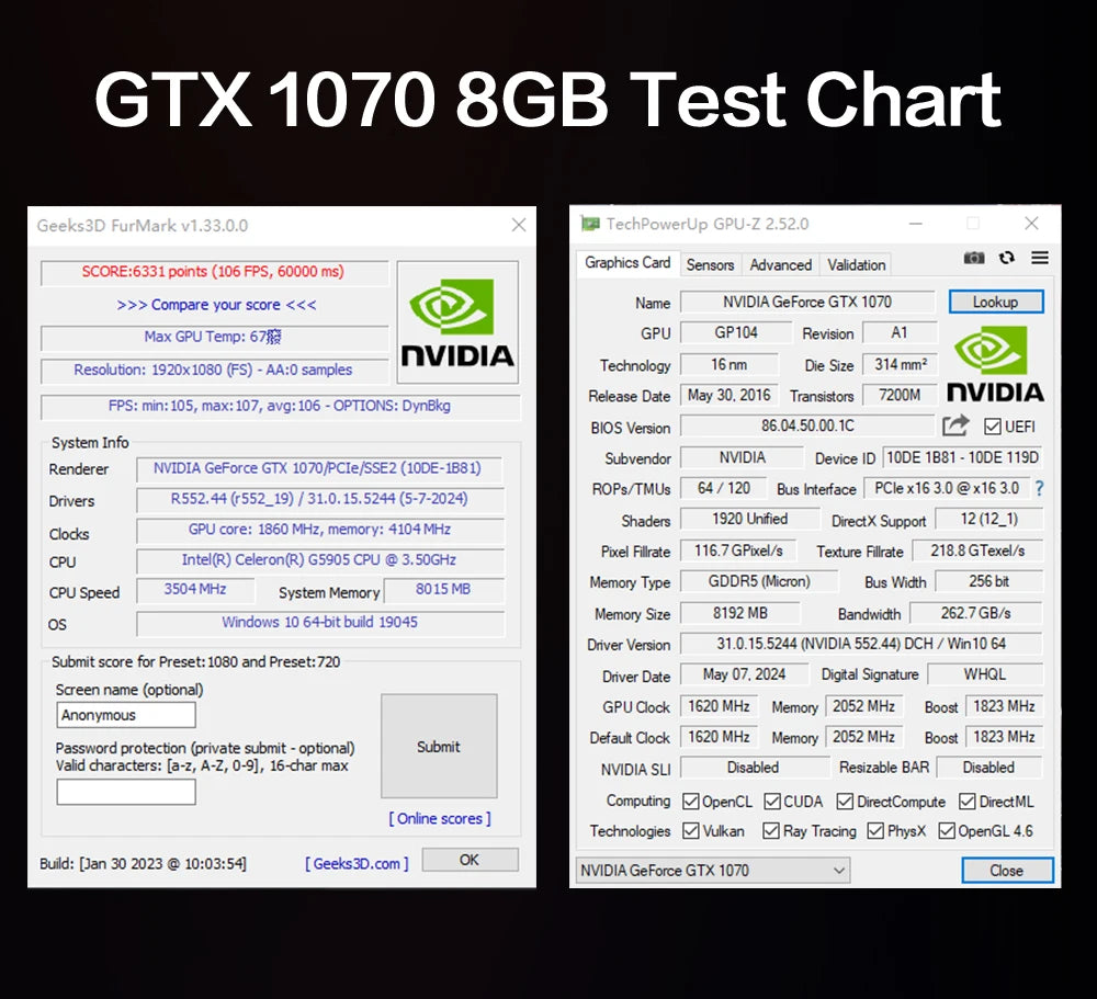 MLLSE Geforce GTX 1070 8GB Graphics Card GDDR5 256Bit PCI-E 3.0×16 8Pin Radeon GPU GTX 1070 Gaming Video Card Placa De Video