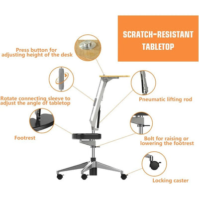 Mobile Laptop Stand with Adjustable Height Tabletop and Padded Footrest Office and Home Workstation
