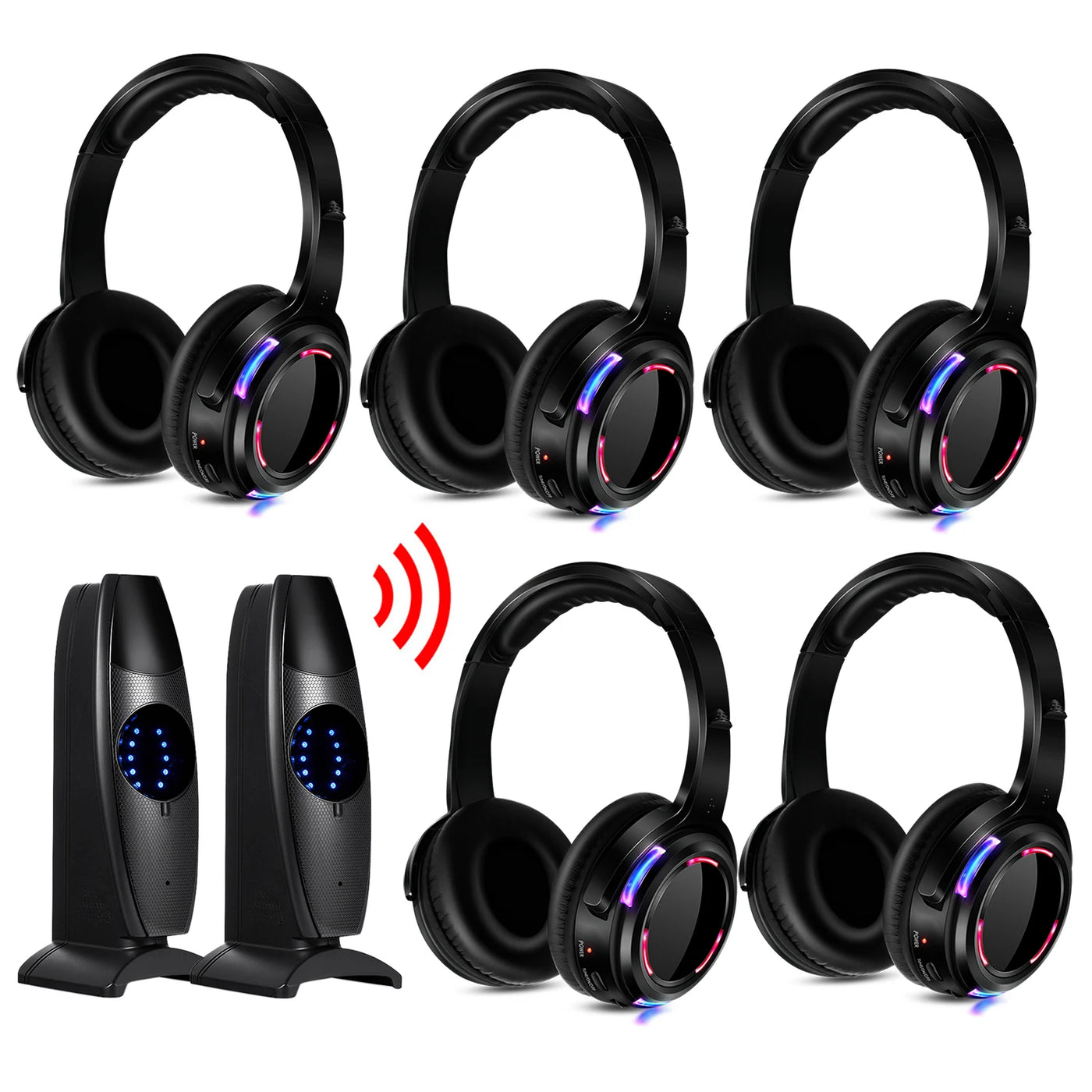 Silent Disco Headphones Compete System 200m Led Wireless Earphones 5 Headset + 200m Transmitter HD Sound No Lag for TV Watching
