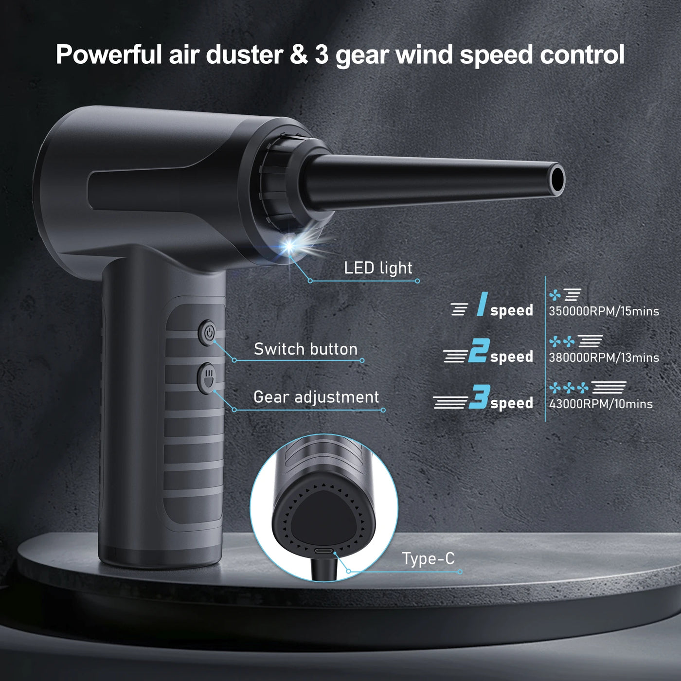 Protable Air Duster for Computer Cleaning 53000RPM Cordless Compressed Air Blower with LED Light for PC computers Keyboard Clean