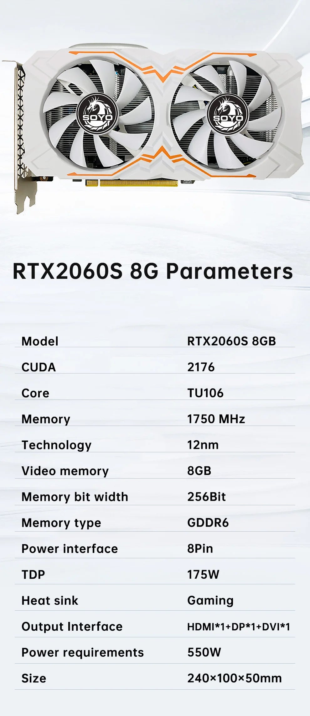 SOYO World Premiere Nvidia Geforce RTX 2060 SUPER GDDR6 8G Graphics Card 256Bit White Video Gaming Card Full New GPU RGB Card