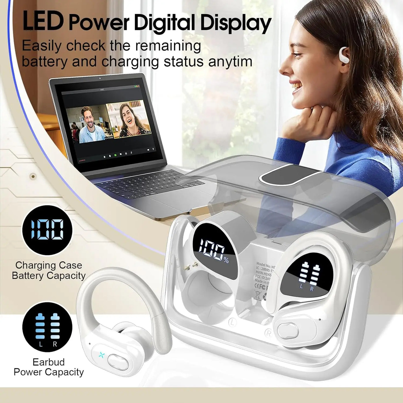 Wireless Earbuds 75hrs Bluetooth 5.3 Headphone Sport, 2025 Bluetooth Earbuds Stereo Deep Bass Over Ear Bud with Earhooks, ENC.