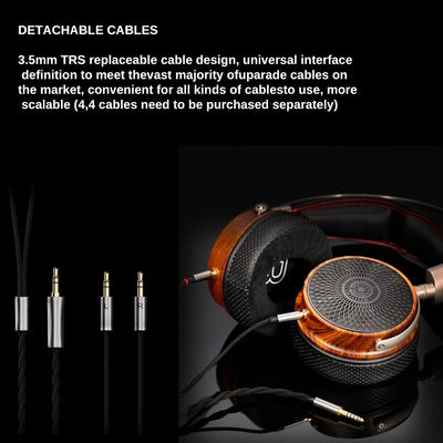 KUN-005 Rosewood Over-Ear Headphones - 50mm Dynamic Driver, Dual 3.5mm Stereo, 6N Silver-Plated Replaceable Cable