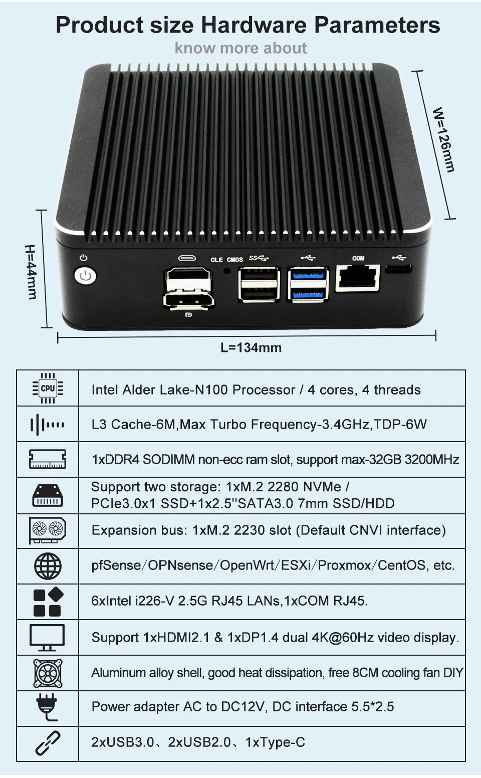 Intel N100 Soft Router 6 Lans i226-V 2.5G Fanless Mini PC