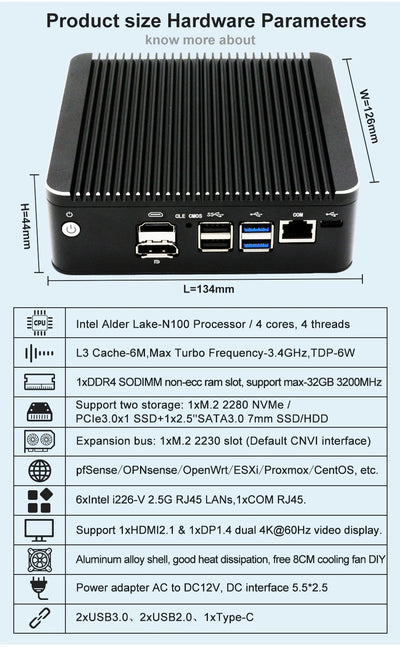 Intel N100 Soft Router 6 Lans i226-V 2.5G Fanless Mini PC