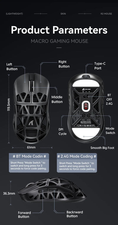 ATTACK SHARK  R2 Magnesium Alloy Wireless Mouse PAW3950 Lightweight Gaming Esports Bluetooth Three-Mode 8k Gaming Office Mouse