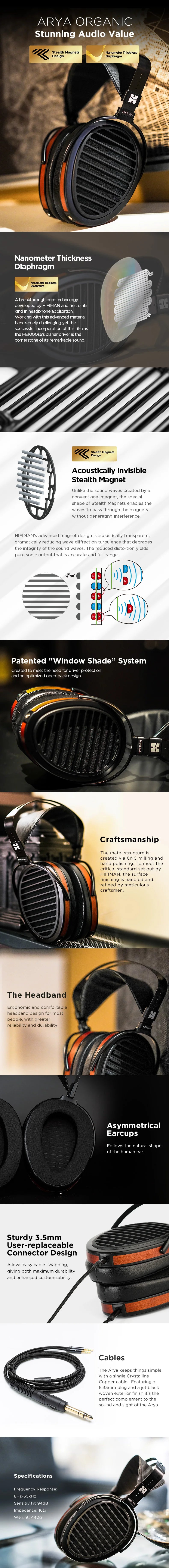HIFIMAN Arya Organic Full-Size Over-Ear Open-Back Planar Magnetic Headphone with Stealth Magnets for Audiophiles, Home & Studio
