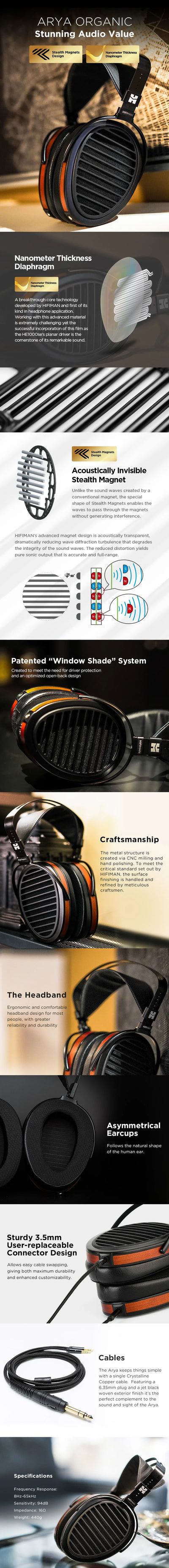 HIFIMAN Arya Organic Full-Size Over-Ear Open-Back Planar Magnetic Headphone with Stealth Magnets for Audiophiles, Home & Studio