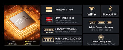 GMKtec EVO-X1 Mini PC AMD AI 9 HX 370 Win11 Pro LPDDR5X