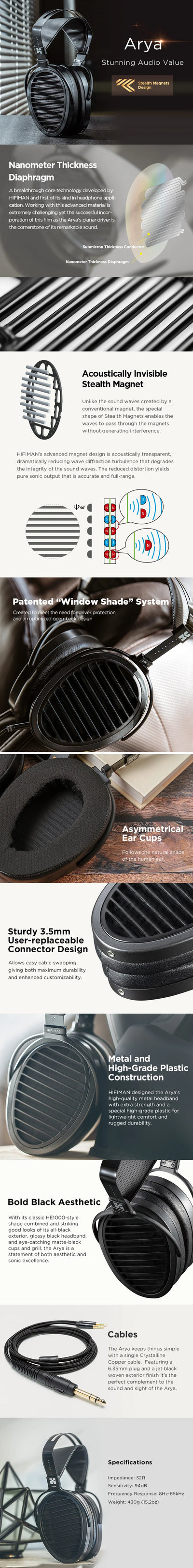 HIFIMAN Arya Full-Size Over Ear Planar Magnetic Audiophile Adjustable Headphone Stealth Magnets Version