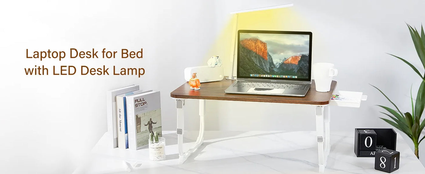 Laptop Desk for Bed Lap Desk with LED Desk Light, Adjustable Tablet Bed Table with Foldable Legs Storage Drawer, Breakfast Servi