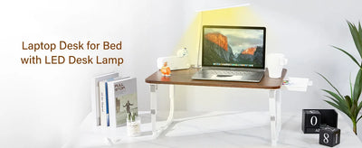 Laptop Desk for Bed Lap Desk with LED Desk Light, Adjustable Tablet Bed Table with Foldable Legs Storage Drawer, Breakfast Servi