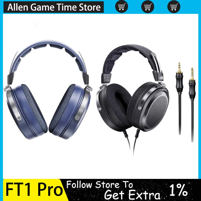 Fiio FT1 Pro Black And Blue Headphones Open Flat Diaphragm Wired Earphones 3.5mm/4.4mm Interchangeable HIFI Custom Headsets