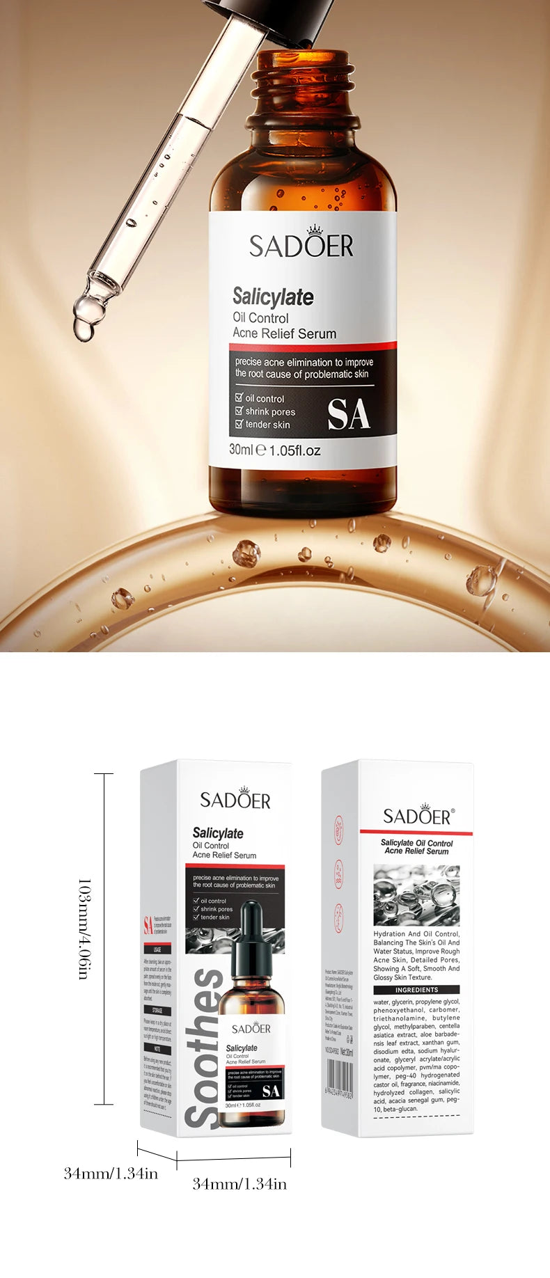 1/3pcs SADOER Salicylic Acid Centella Asiatica Hyaluronic Acid Serum for Face Moisturizing