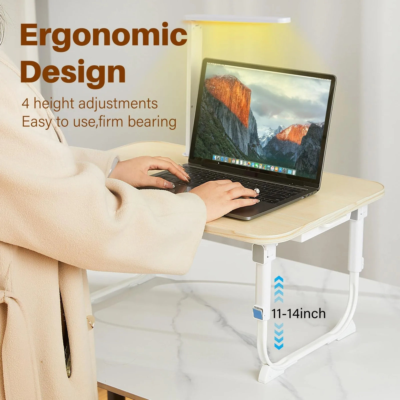 Laptop Desk for Bed Lap Desk with LED Desk Light, Adjustable Tablet Bed Table with Foldable Legs Storage Drawer, Breakfast Servi