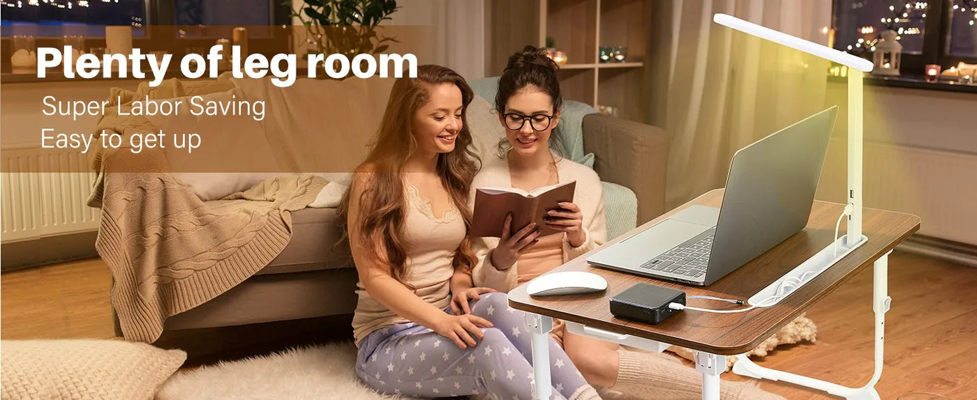 Laptop Desk for Bed Lap Desk with LED Desk Light, Adjustable Tablet Bed Table with Foldable Legs Storage Drawer, Breakfast Servi
