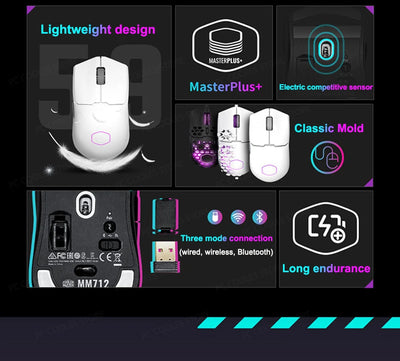 Cooler Master MM712 Wireless Gaming Mouse Three Modes RGB 59G Lightweight 19000DPI Office Mouse Support Bluetooth 5.1