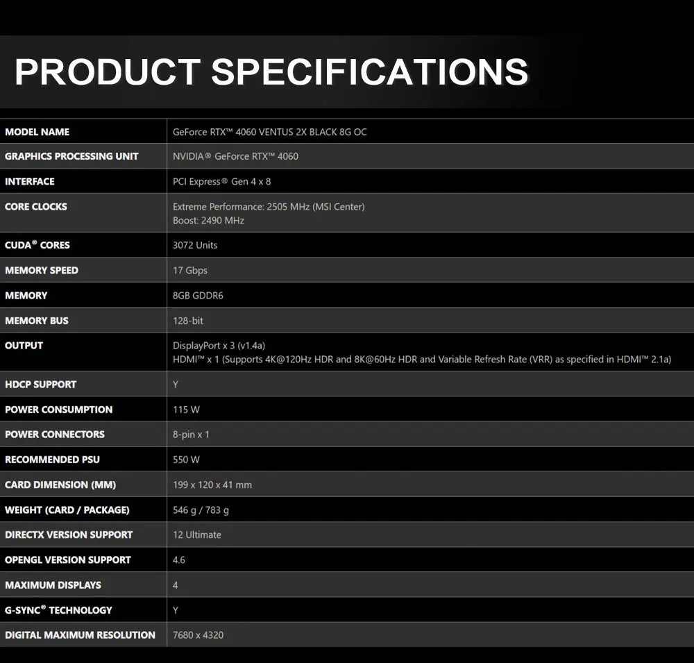 MSI GeForce RTX 4060 VENTUS 2X BLACK 8G OC Gaming Graphics Card 8G GDDR6 128-bit PCI-E 4.0x8 HDMI DP 8Pin Desktop Video Card New