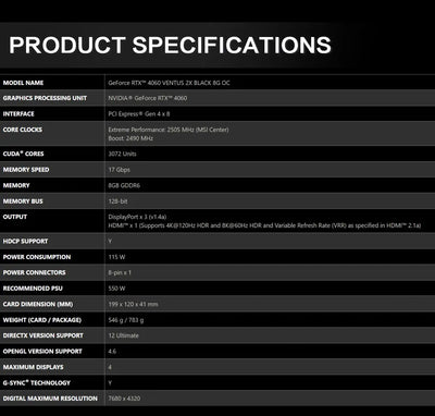 MSI GeForce RTX 4060 VENTUS 2X BLACK 8G OC Gaming Graphics Card 8G GDDR6 128-bit PCI-E 4.0x8 HDMI DP 8Pin Desktop Video Card New