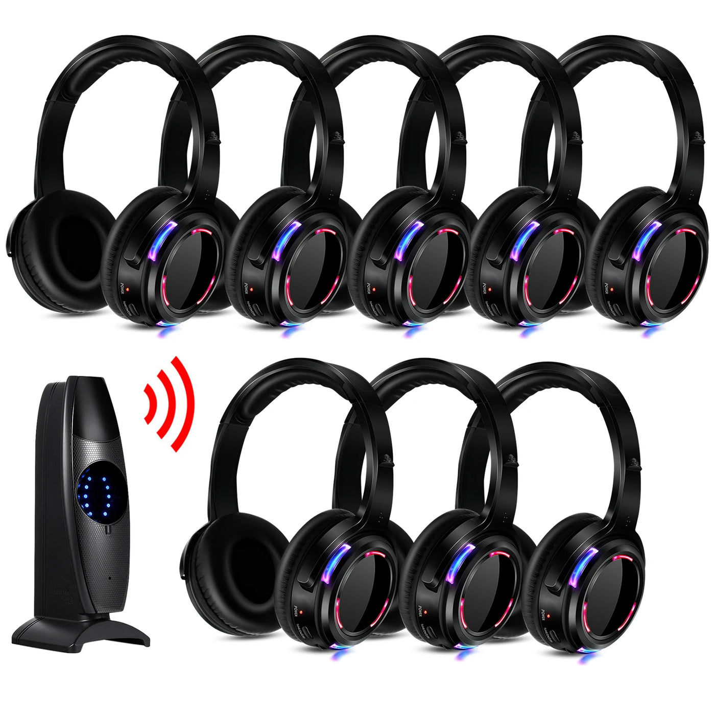 Silent Disco Headphones Compete System 200m Led Wireless Earphones 5 Headset + 200m Transmitter HD Sound No Lag for TV Watching