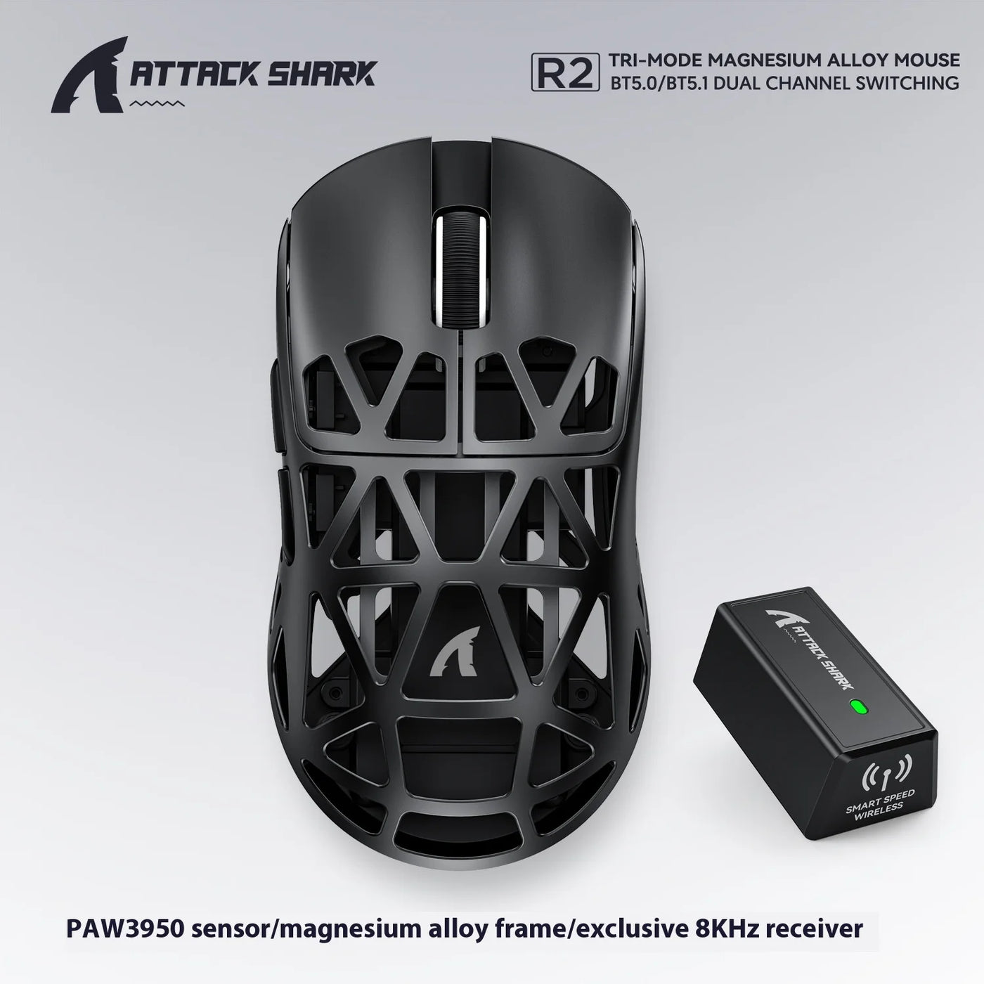 ATTACK SHARK  R2 Magnesium Alloy Wireless Mouse PAW3950 Lightweight Gaming Esports Bluetooth Three-Mode 8k Gaming Office Mouse