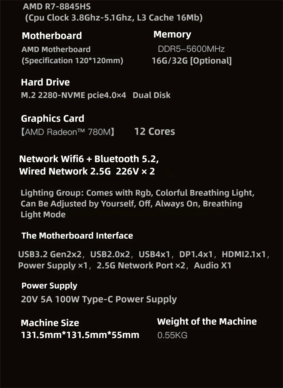 Mini Pc AMD Ryzen R7-7840HS 8 Core 16 Thread Computer