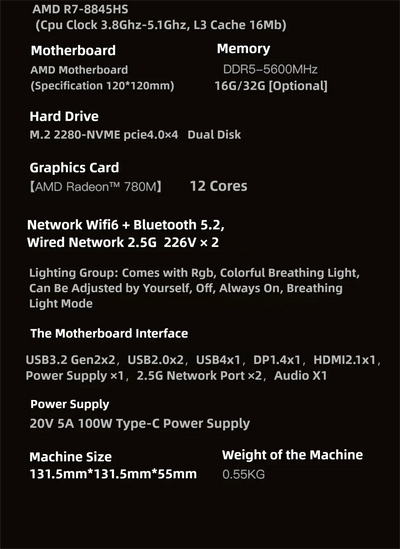 Mini Pc AMD Ryzen R7-7840HS 8 Core 16 Thread Computer