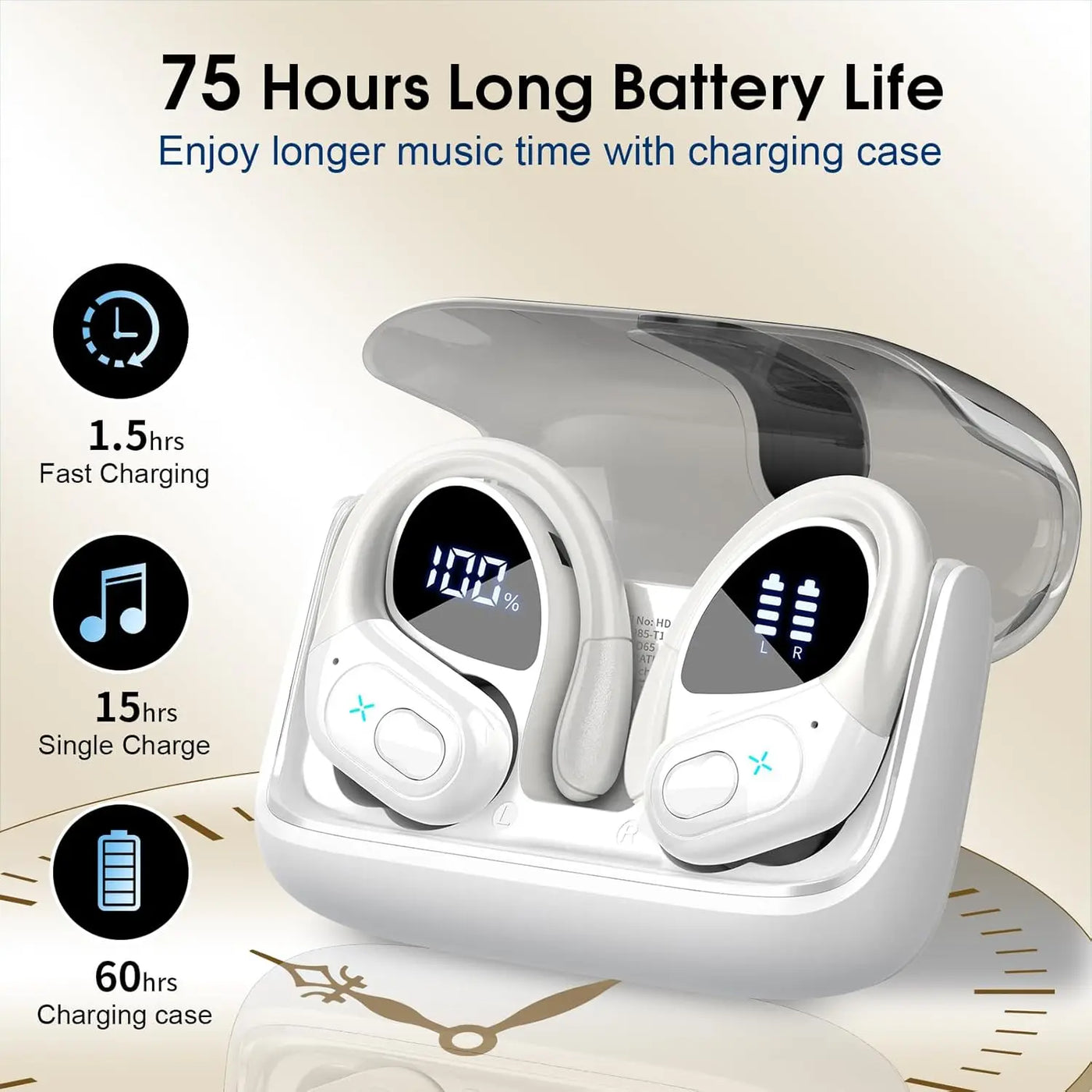 Wireless Earbuds 75hrs Bluetooth 5.3 Headphone Sport, 2025 Bluetooth Earbuds Stereo Deep Bass Over Ear Bud with Earhooks, ENC.