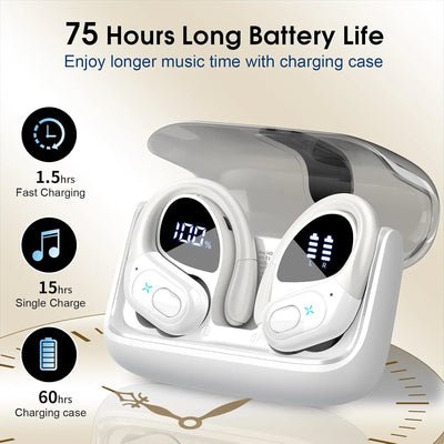 Wireless Earbuds 75hrs Bluetooth 5.3 Headphone Sport, 2025 Bluetooth Earbuds Stereo Deep Bass Over Ear Bud with Earhooks, ENC.
