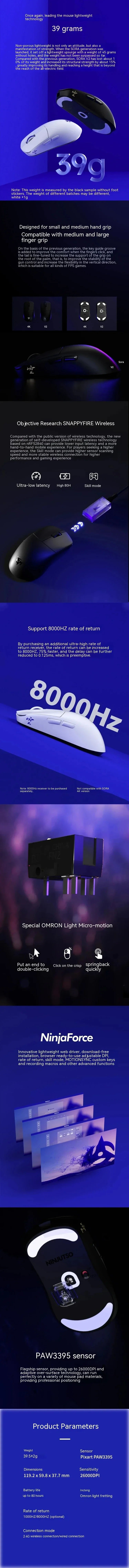 NEW Ninjutso Sora V2 Gaming Mouse Wireless 39g Lightweight Dual Mode USB Paw3395 Gamer E-Sports Accessories Pc Gaming Mouse Gift