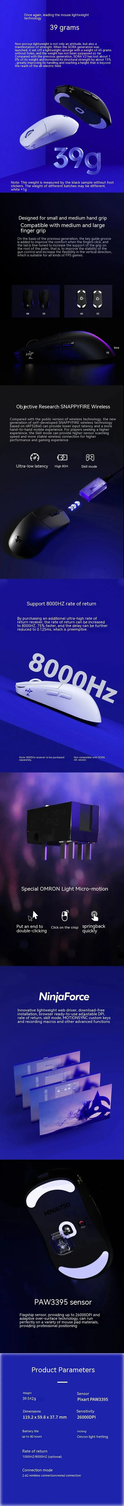 NEW Ninjutso Sora V2 Gaming Mouse Wireless 39g Lightweight Dual Mode USB Paw3395 Gamer E-Sports Accessories Pc Gaming Mouse Gift