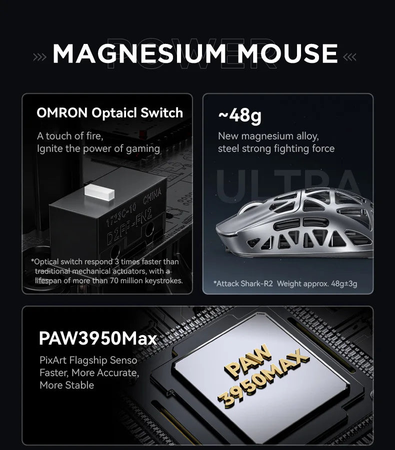 ATTACK SHARK  R2 Magnesium Alloy Wireless Mouse PAW3950 Lightweight Gaming Esports Bluetooth Three-Mode 8k Gaming Office Mouse
