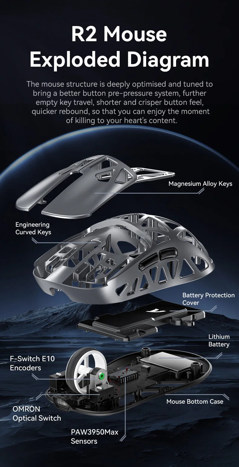 ATTACK SHARK  R2 Magnesium Alloy Wireless Mouse PAW3950 Lightweight Gaming Esports Bluetooth Three-Mode 8k Gaming Office Mouse