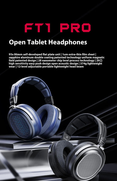 Fiio FT1 Pro Black And Blue Headphones Open Flat Diaphragm Wired Earphones 3.5mm/4.4mm Interchangeable HIFI Custom Headsets