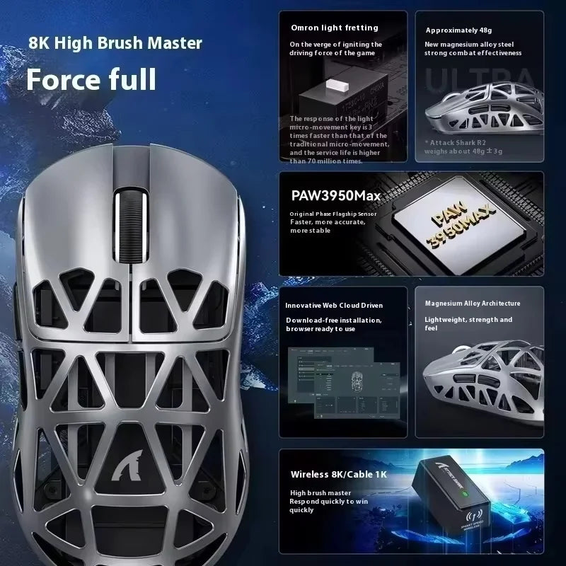 ATTACK SHARK  R2 Magnesium Alloy Wireless Mouse PAW3950 Lightweight Gaming Esports Bluetooth Three-Mode 8k Gaming Office Mouse