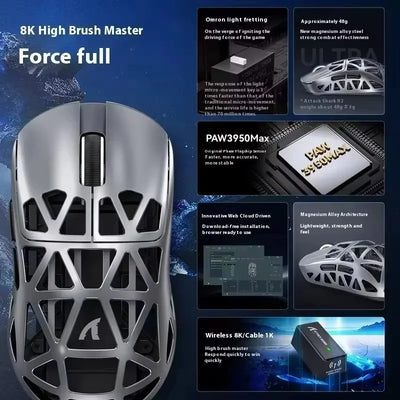 ATTACK SHARK  R2 Magnesium Alloy Wireless Mouse PAW3950 Lightweight Gaming Esports Bluetooth Three-Mode 8k Gaming Office Mouse
