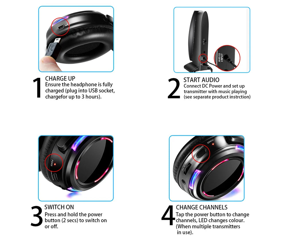 Silent Disco Headphones Compete System 200m Led Wireless Earphones 5 Headset + 200m Transmitter HD Sound No Lag for TV Watching